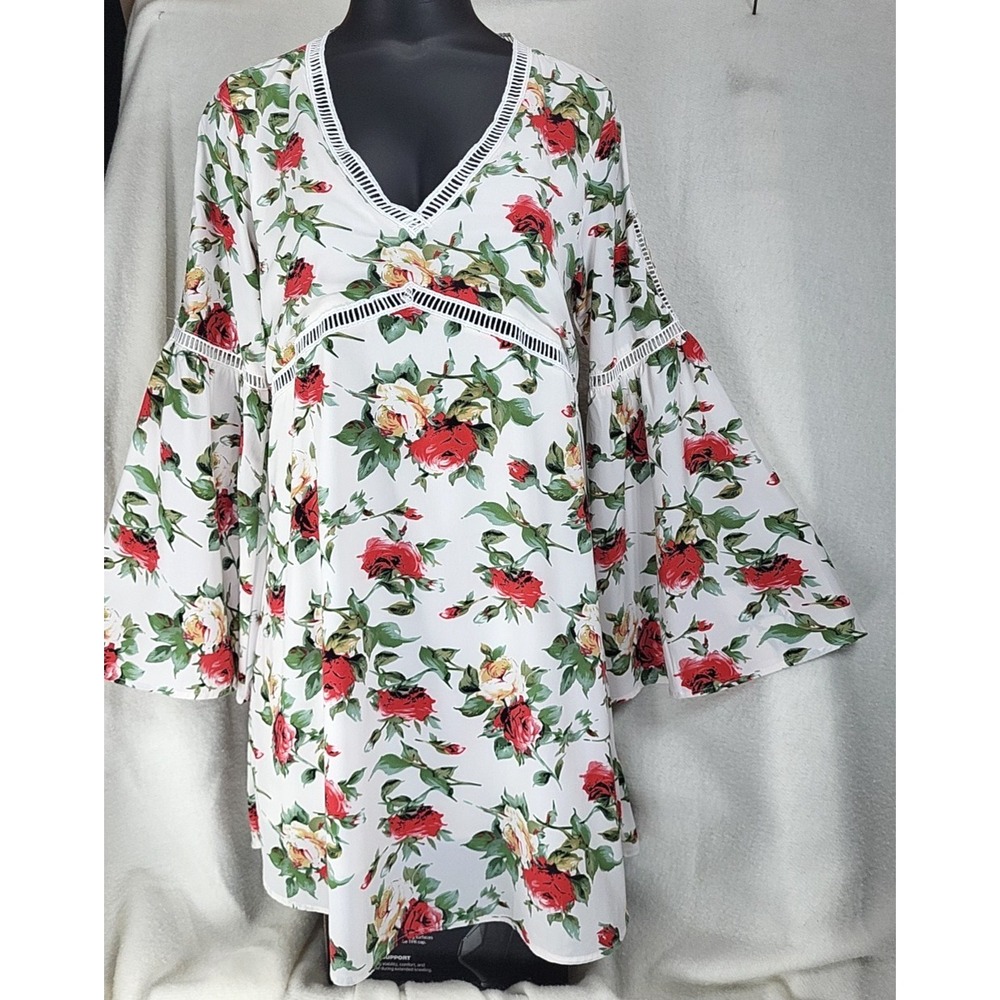 Lucca Floral Peasant Dress Size Medium Bell Sleeve Boho White Rose Hippie